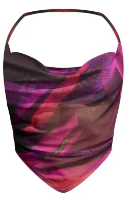 Multi Abstract Print Mesh Halterneck Crop Top