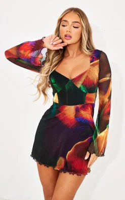 Multi Abstract Print Mesh Underbust Detail Shift Dress
