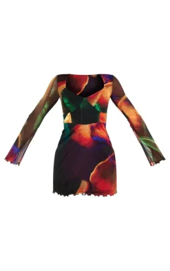 Multi Abstract Print Mesh Underbust Detail Shift Dress