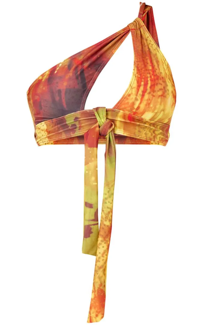 Multi Abstract Print One Shoulder Tie Front Bikini Top
