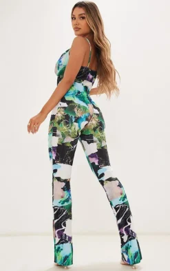 Multi Abstract Print Plisse Cowl Strappy Jumpsuit