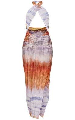 Multi Abstract Print Plisse Cross Neck Cut Out Midaxi Dress