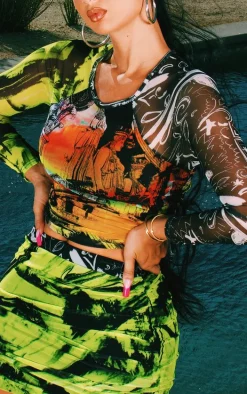 Multi Abstract Print Ruched Mesh Crop Top