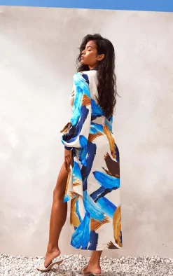 Multi Abstract Print Satin Wrap Midaxi Dress