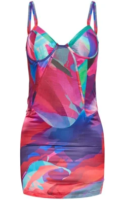 Multi Abstract Print Satin Underwired Strappy Bodycon Dress
