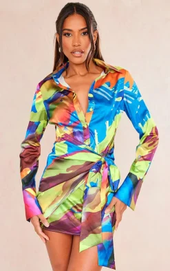 Multi Abstract Print Satin Tie Detail Shirt Dress