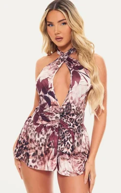 Multi Abstract Print Slinky Ruched Halterneck Skort Romper