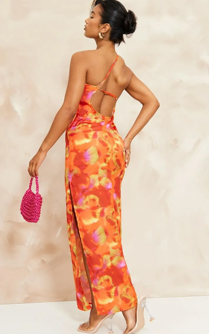 Multi Abstract Print Strappy Back Satin Maxi Dress