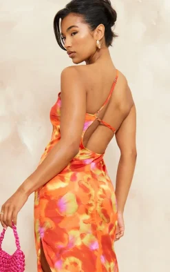 Multi Abstract Print Strappy Back Satin Maxi Dress