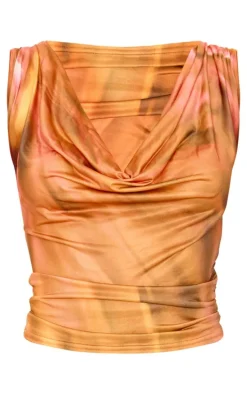 Multi Abstract Printed Cowl Neck Long Top