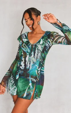 Multi Abstract Printed Double Mesh Long Sleeve Shift Dress