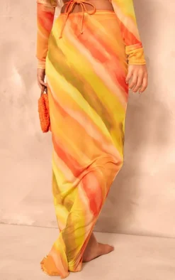 Multi Abstract Printed Mesh Tie Side Thigh Split Maxi Skirt