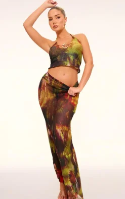 Multi Abstract Printed Mesh Ruffle Midaxi Skirt