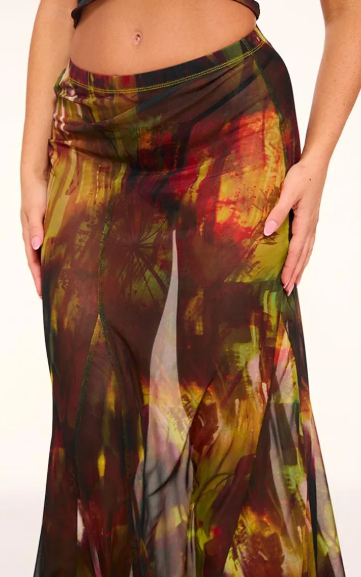 Multi Abstract Printed Mesh Ruffle Midaxi Skirt