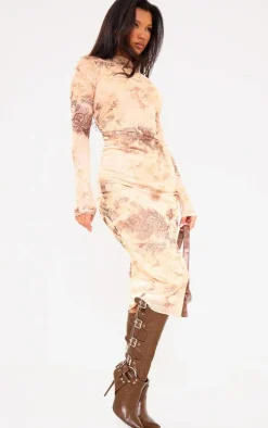 Multi Abstract Ruched Mesh Long Sleeve Midi Dress