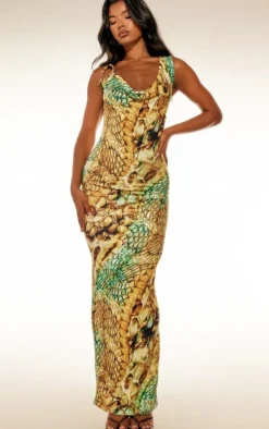 Multi Abstract Snake Print Double Layer Slinky Trim Maxi Dress