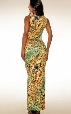 Multi Abstract Snake Print Double Layer Slinky Trim Maxi Dress