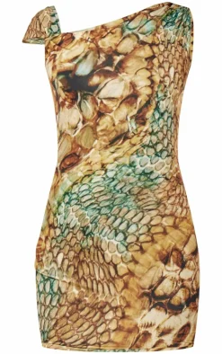 Multi Abstract Snake Print Double Layer Slinky Twist Bodycon Dress