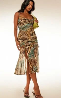 Multi Abstract Snake Print Double Layer Mesh Cowl Midi Dress
