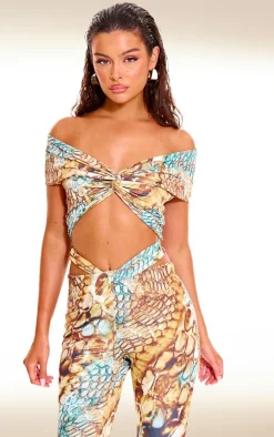 Multi Abstract Snake Print Double Layer Slinky Twist Crop Top