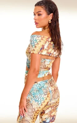 Multi Abstract Snake Print Double Layer Slinky Twist Crop Top