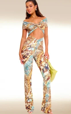Multi Abstract Snake Print Double Layer Slinky Twist Flare Pants
