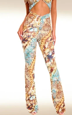 Multi Abstract Snake Print Double Layer Slinky Twist Flare Pants