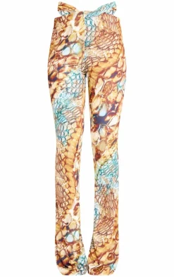 Multi Abstract Snake Print Double Layer Slinky Twist Flare Pants