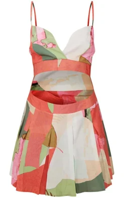 Multi Abstract Stripe Cut Out Pleated Shift Dress