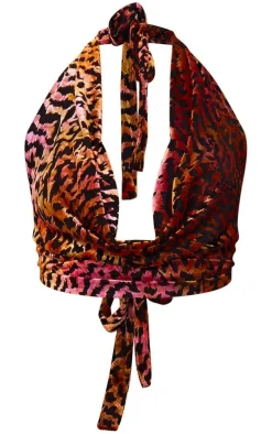 Multi Animal Print Devore Cowl Halterneck Crop Top