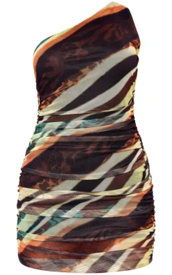 Multi Animal Print Mesh One Shoulder Asymmetric Bodycon Dress