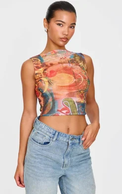 Multi Bar Printed Mesh Boat Neck Top