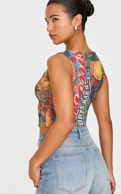 Multi Bar Printed Mesh Boat Neck Top