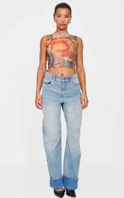 Multi Bar Printed Mesh Boat Neck Top