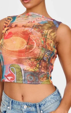 Multi Bar Printed Mesh Boat Neck Top