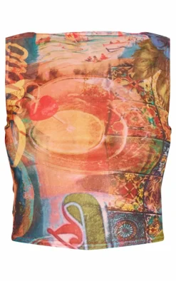 Multi Bar Printed Mesh Boat Neck Top