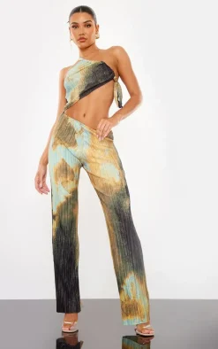 Multi Blurred Abstract Print Plisse Cut Out One Shoulder Jumpsuit