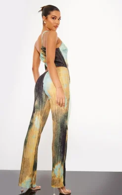 Multi Blurred Abstract Print Plisse Cut Out One Shoulder Jumpsuit