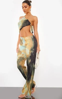 Multi Blurred Abstract Print Plisse Cut Out One Shoulder Jumpsuit