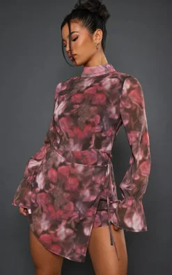 Multi Blurred Floral Print Chiffon Wrap Detail Romper