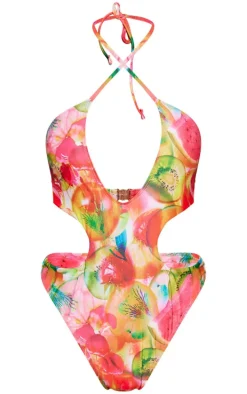 Multi Blurred Fruit Print Halter Neck Cut Out Swimsuit