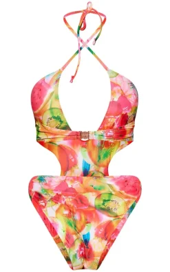 Multi Blurred Fruit Print Halter Neck Cut Out Swimsuit