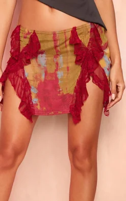 Multi Blurred Patchwork Lined Mesh Lace Trim Mini Skirt