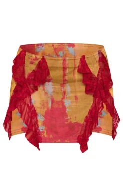 Multi Blurred Patchwork Lined Mesh Lace Trim Mini Skirt