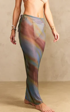 Multi Blurred Print Mesh Maxi Beach Skirt