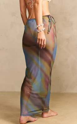 Multi Blurred Print Mesh Maxi Beach Skirt