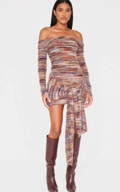 Multi Brushed Textured Bardot Wrap Detail Bodycon Dress