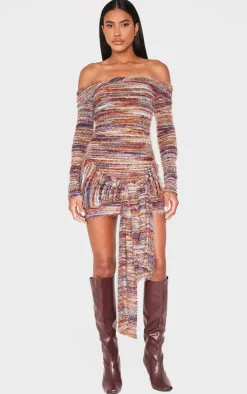 Multi Brushed Textured Bardot Wrap Detail Bodycon Dress