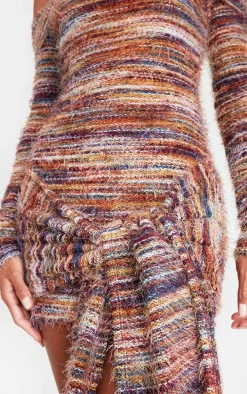 Multi Brushed Textured Bardot Wrap Detail Bodycon Dress