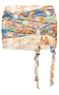 Multi Budapest Printed Ring Wrap Detail Mesh Mini Skirt